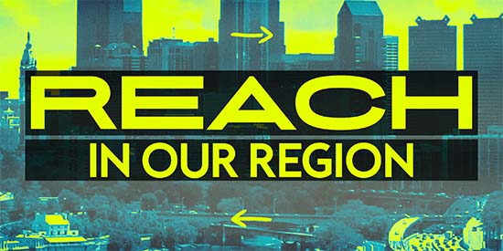 Reach In Our Region Button over an image of Philadelphia